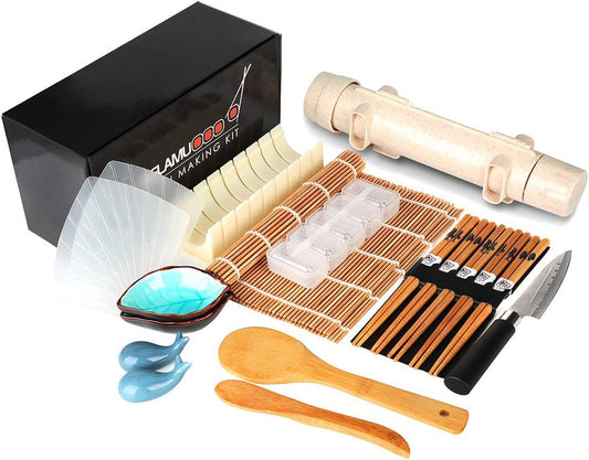 Delamu Sushi Making Set 20 Combination 1 Bazooka Roller Set with Chef Knife Bamboo mat Rice Mold Tianqi Sushi Mat Rice Shovel Scraper Chopsticks Sauce Plate Guide(Chinese Is Not Necessarily Supported.)